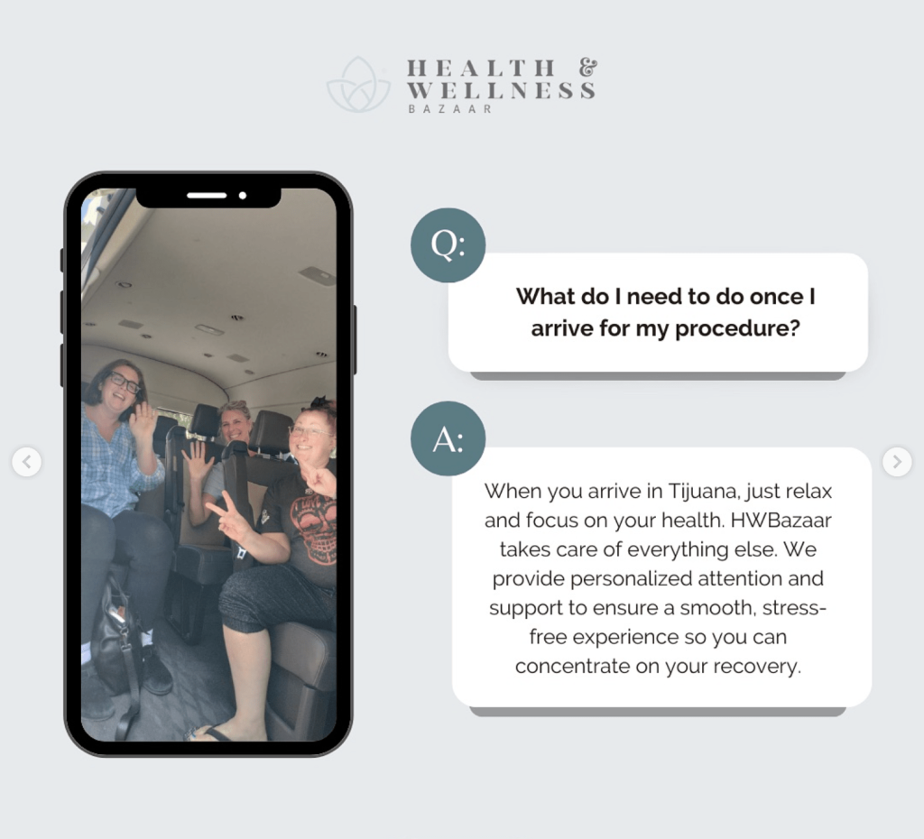 A group of smiling patients wave inside a comfortable medical transport van upon arrival in Tijuana for their procedures with Health & Wellness Bazaar.